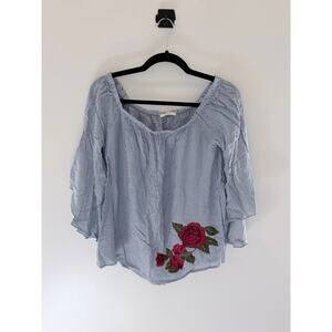 ODDY Blue & White Striped Rose Embroidered Appliqué Off the Shoulder Top-Size M